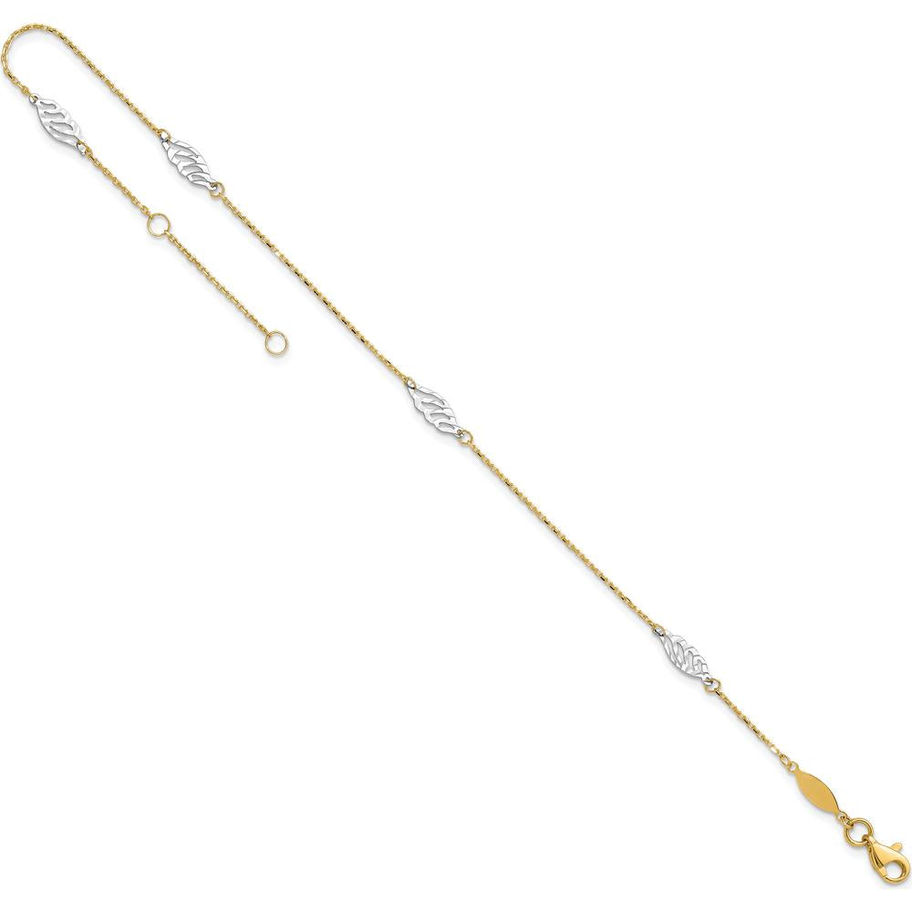 14K Two-Tone Diamond-cut Leaf 4-Station Anklet with 1" Extender - 10" Total Length