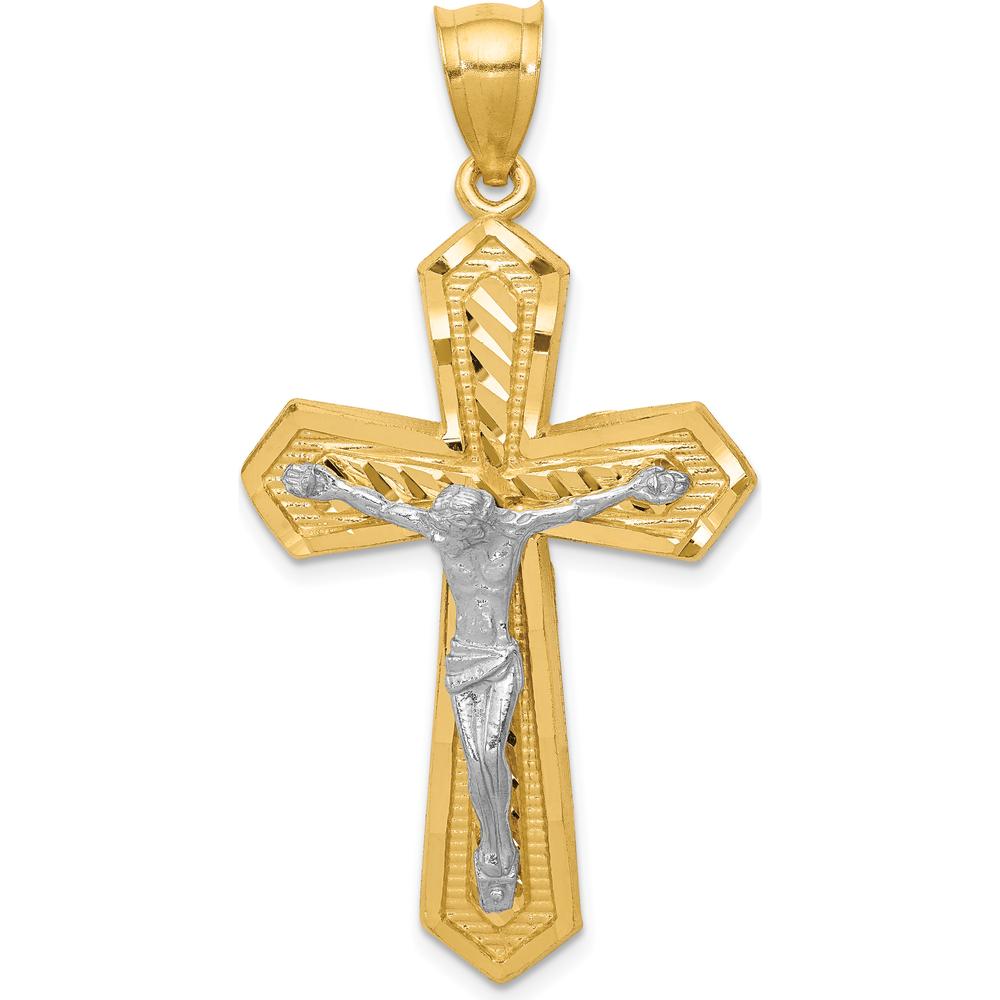14K Two-Tone Diamond-cut Passion Crucifix Pendant with Sculpted Christ Figure - 47mm Length, 25mm Width by Oro Pregiato