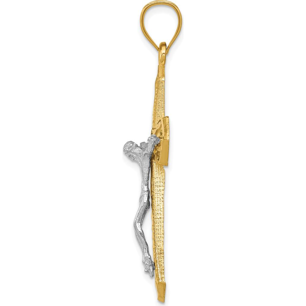 14K Two-Tone Diamond-cut Passion Crucifix Pendant with Sculpted Christ Figure - 47mm Length, 25mm Width by Oro Pregiato