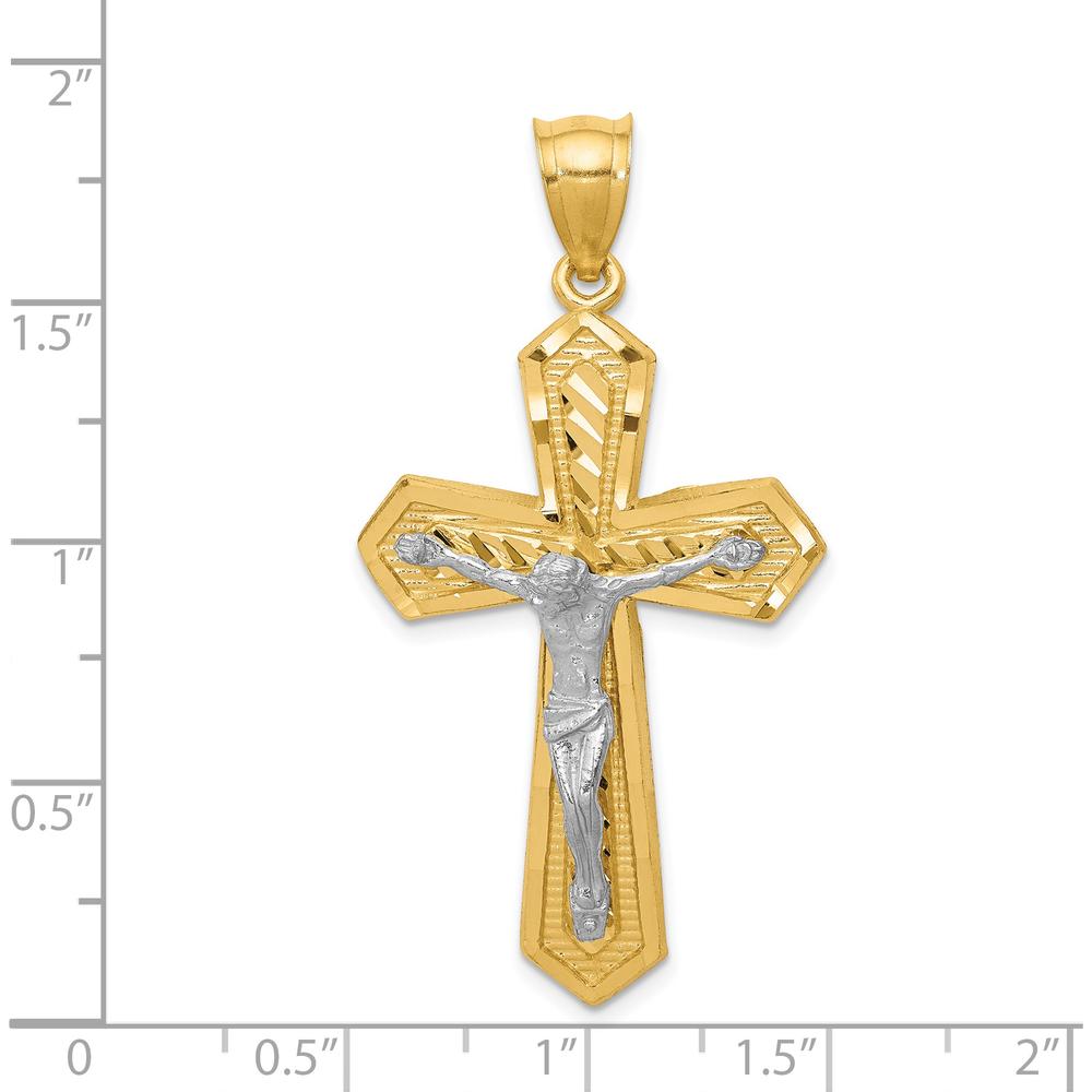 14K Two-Tone Diamond-cut Passion Crucifix Pendant with Sculpted Christ Figure - 47mm Length, 25mm Width by Oro Pregiato