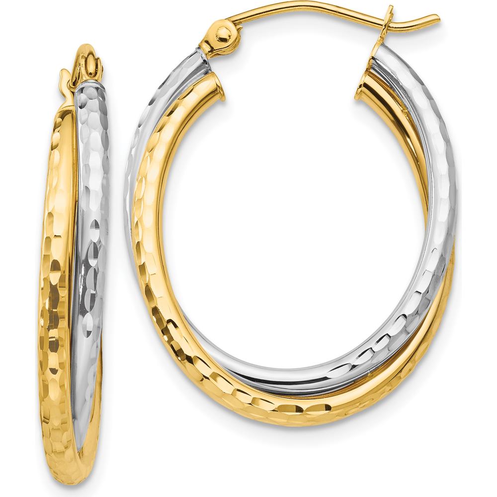 14K Two-Tone Diamond-cut Polished Oval Hoop Earrings - 17mm Length, 5mm Width by 0