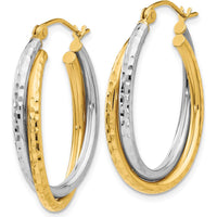 14K Two-Tone Diamond-cut Polished Oval Hoop Earrings - 17mm Length, 5mm Width by 0