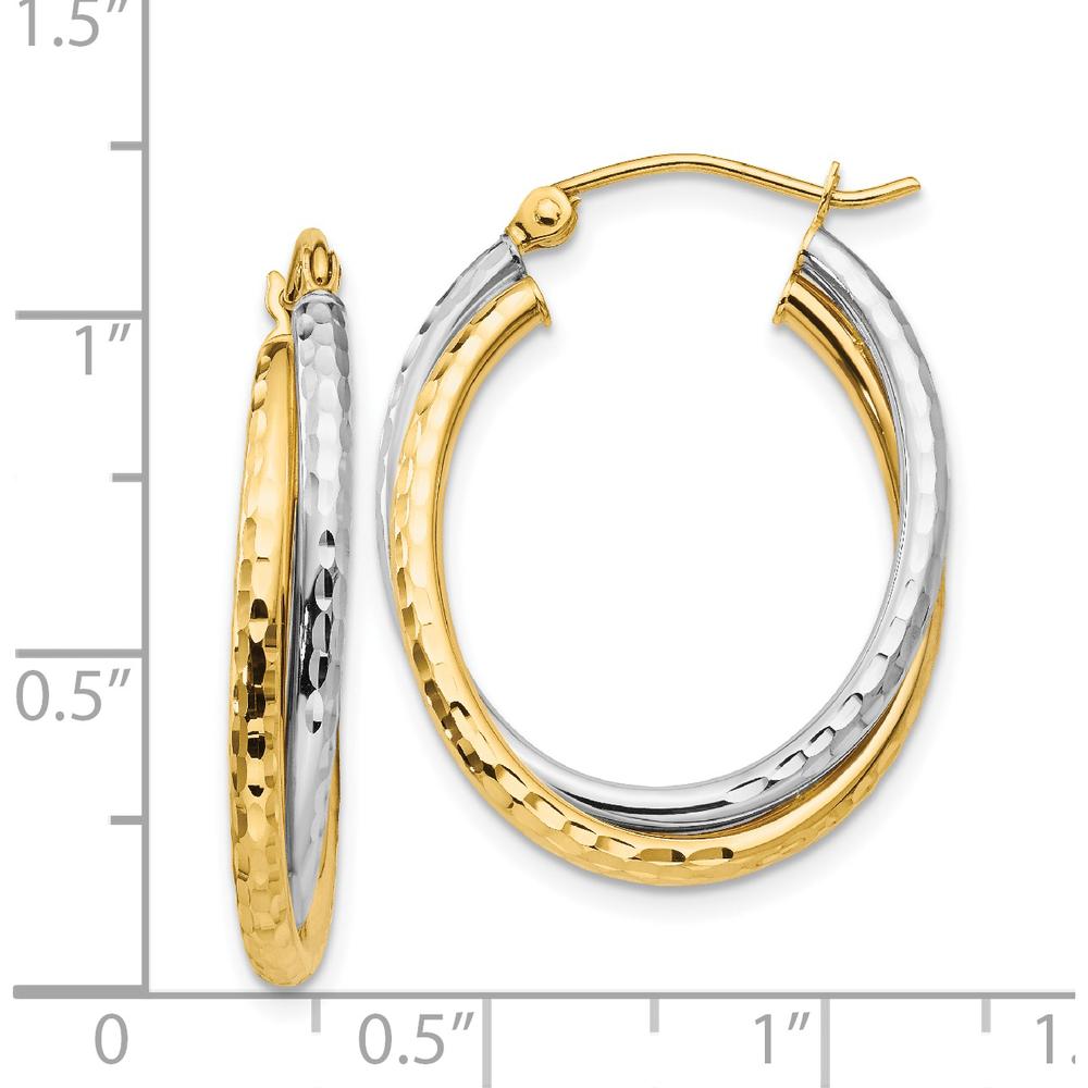 14K Two-Tone Diamond-cut Polished Oval Hoop Earrings - 17mm Length, 5mm Width by 0