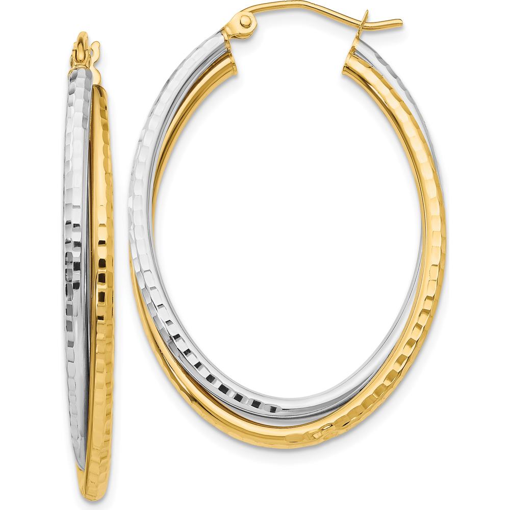 14K Two-Tone Diamond-Cut Polished Oval Hoop Earrings - 22mm Length by 0