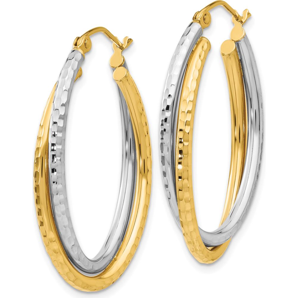 14K Two-Tone Diamond-Cut Polished Oval Hoop Earrings - Elegant Modern Design in Yellow and White Gold by 0