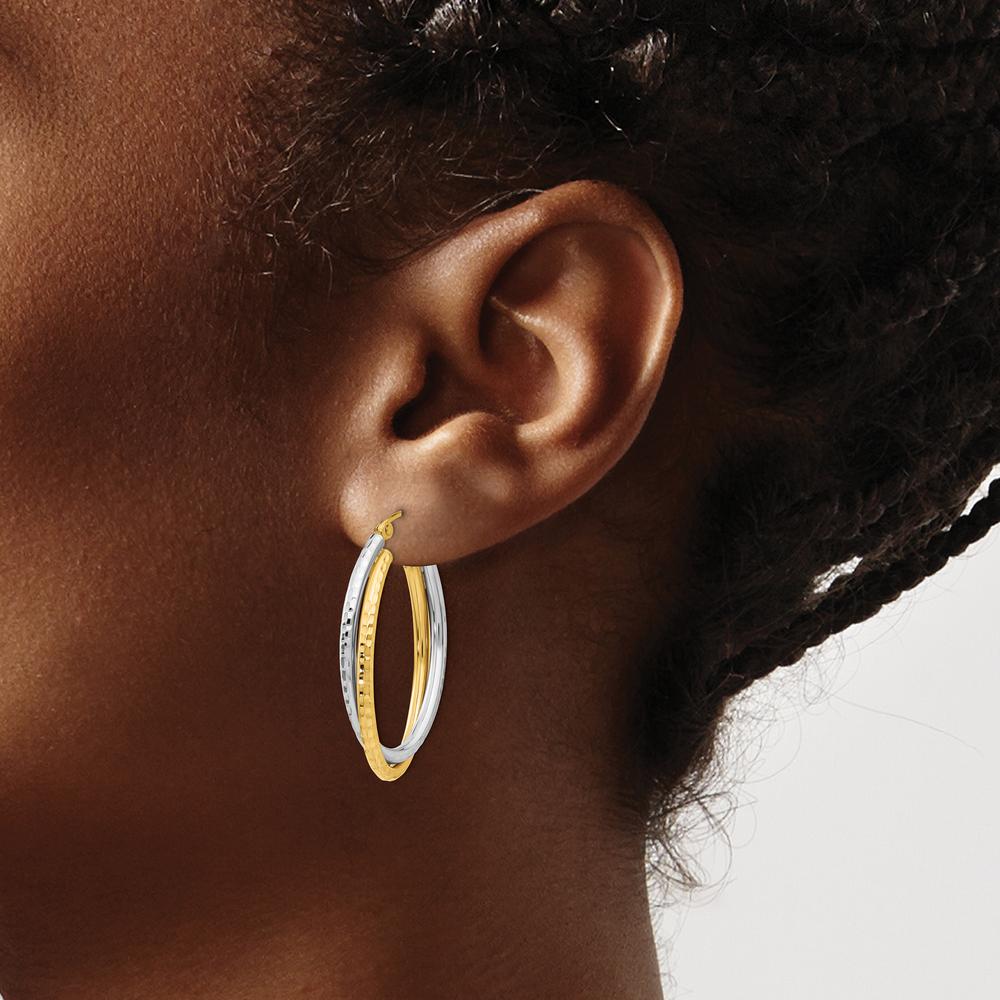14K Two-Tone Diamond-Cut Polished Oval Hoop Earrings - Elegant Modern Design in Yellow and White Gold by 0