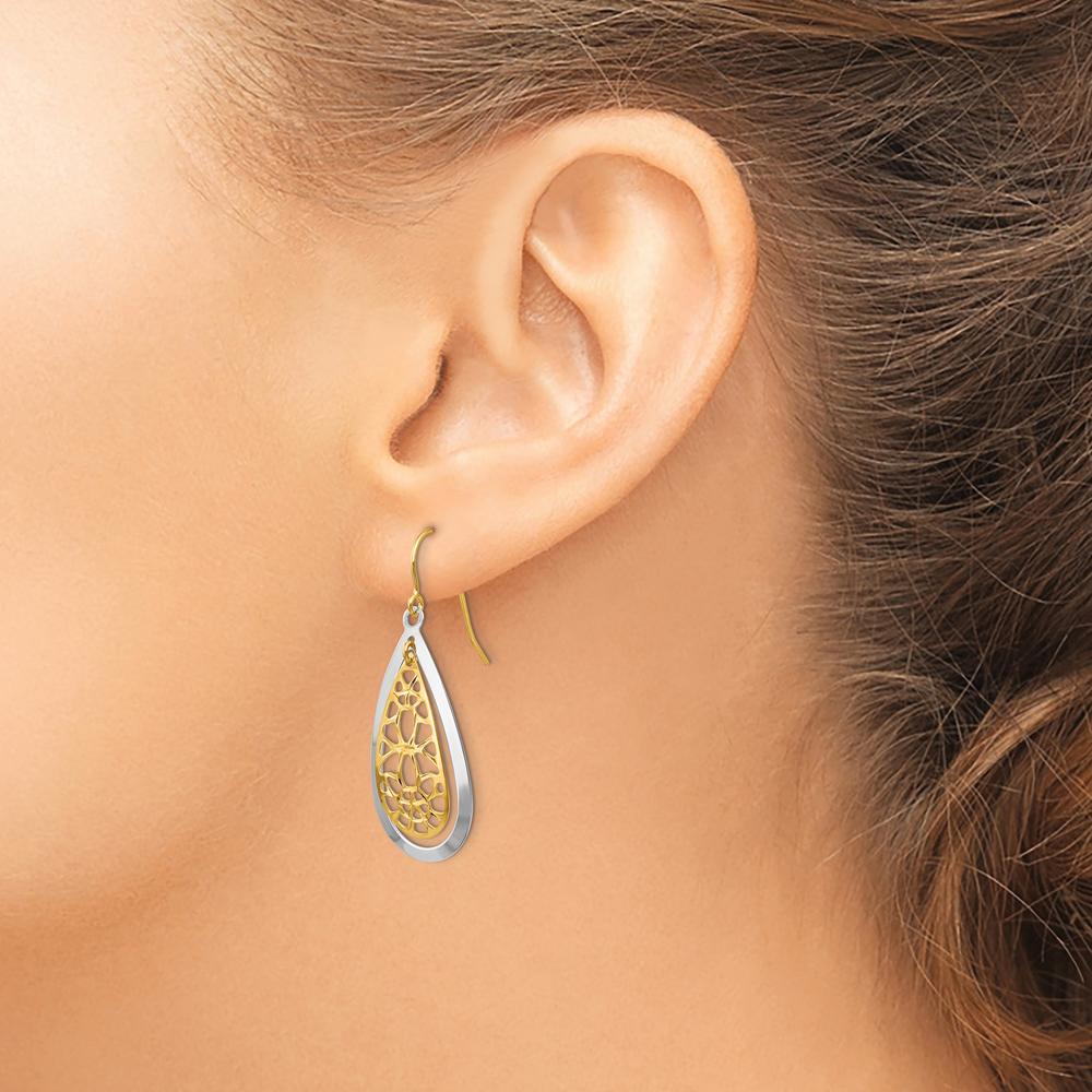 14K Two-Tone Diamond-Cut Polished Teardrop Dangle Earrings - 38mm Length by 0