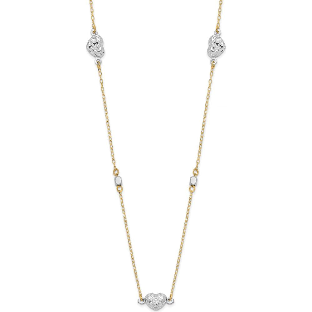 14K Two-Tone Diamond-Cut Puffed Hearts Necklace - 18" by 0