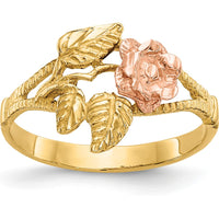 14K Two-Tone Diamond-Cut Rose Ring with Gold Leaves and Textured Band by 0
