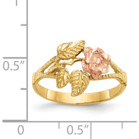 14K Two-Tone Diamond-Cut Rose Ring with Gold Leaves and Textured Band by 0