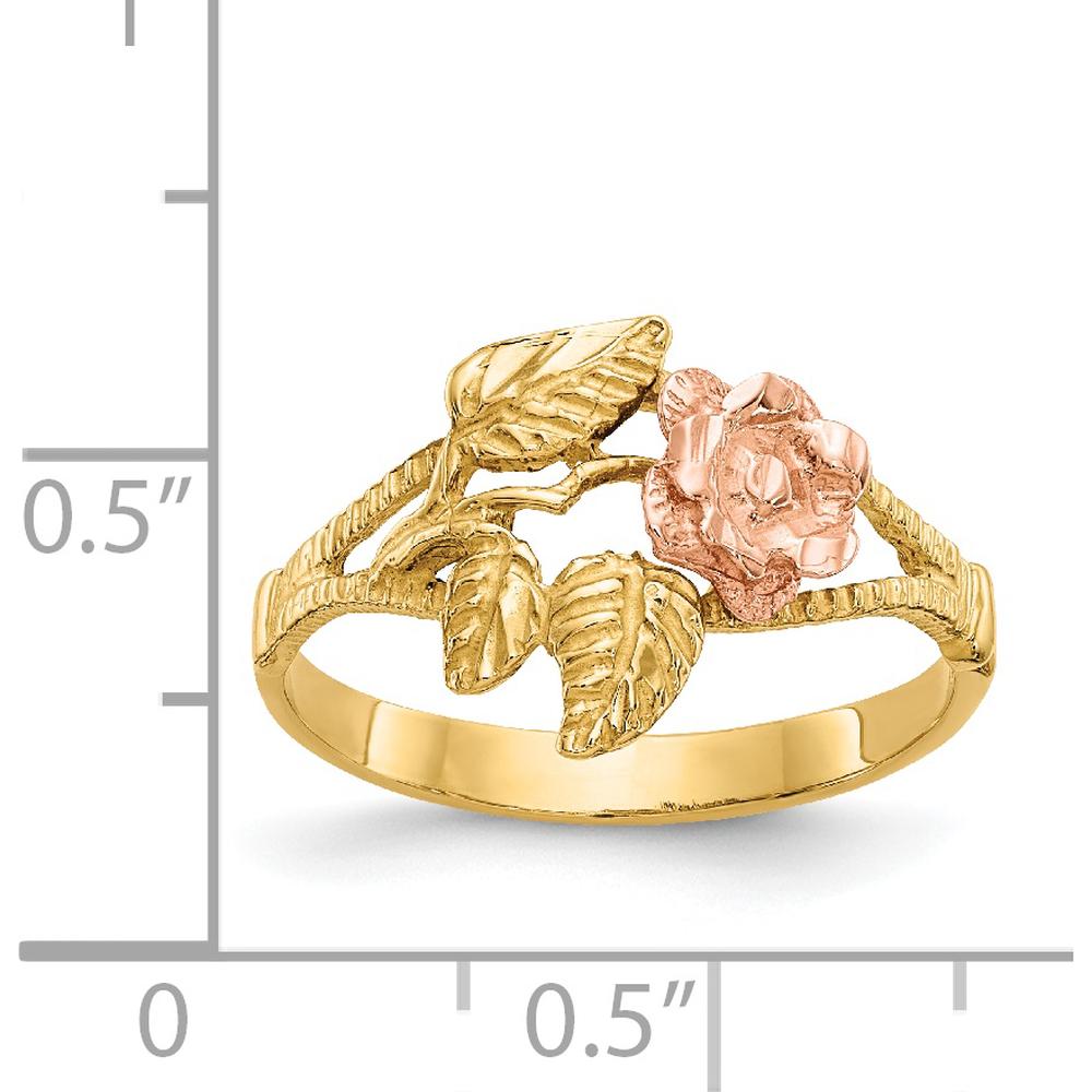 14K Two-Tone Diamond-Cut Rose Ring with Gold Leaves and Textured Band by 0