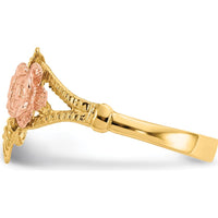 14K Two-Tone Diamond-Cut Rose Ring with Gold Leaves and Textured Band by 0