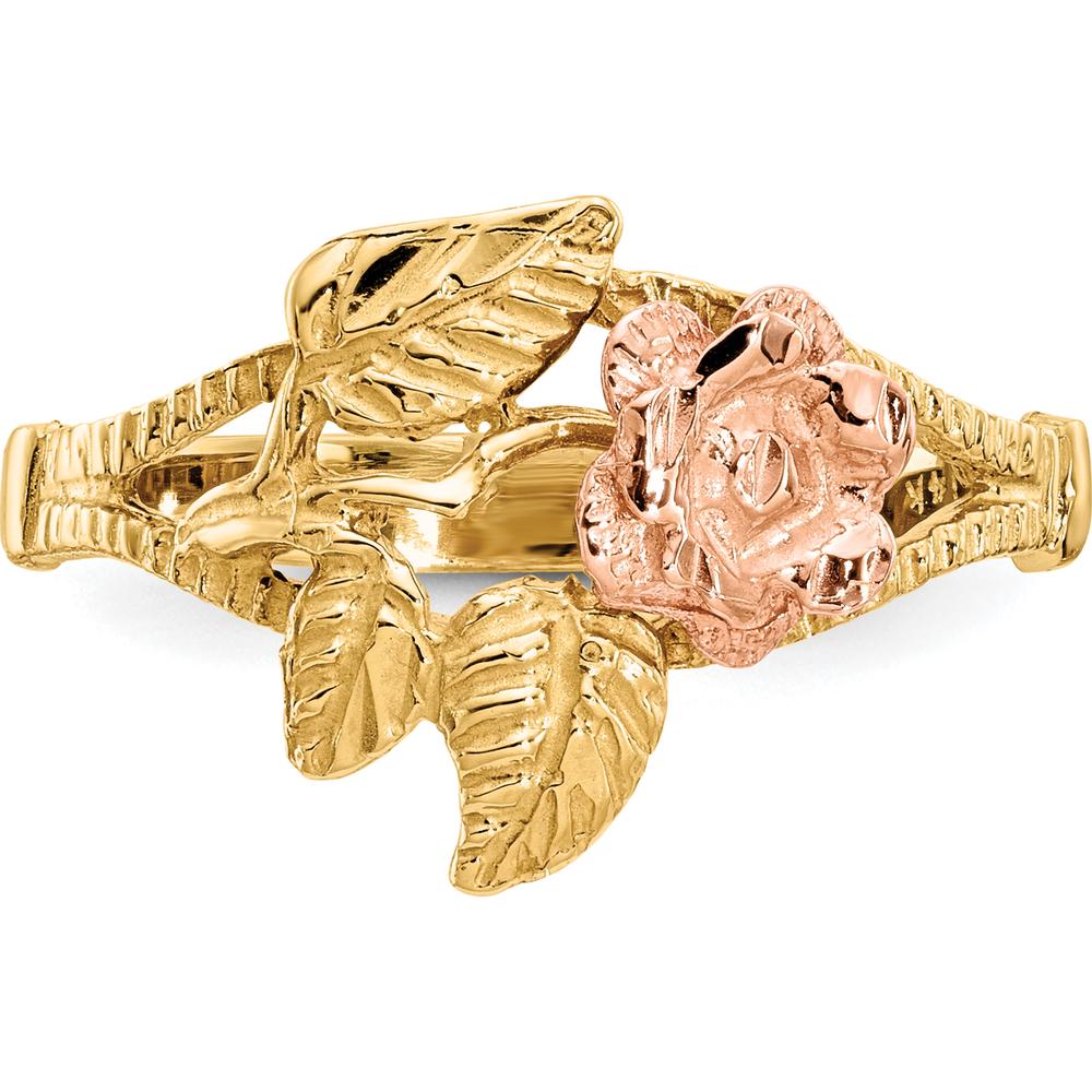 14K Two-Tone Diamond-Cut Rose Ring with Gold Leaves and Textured Band by 0