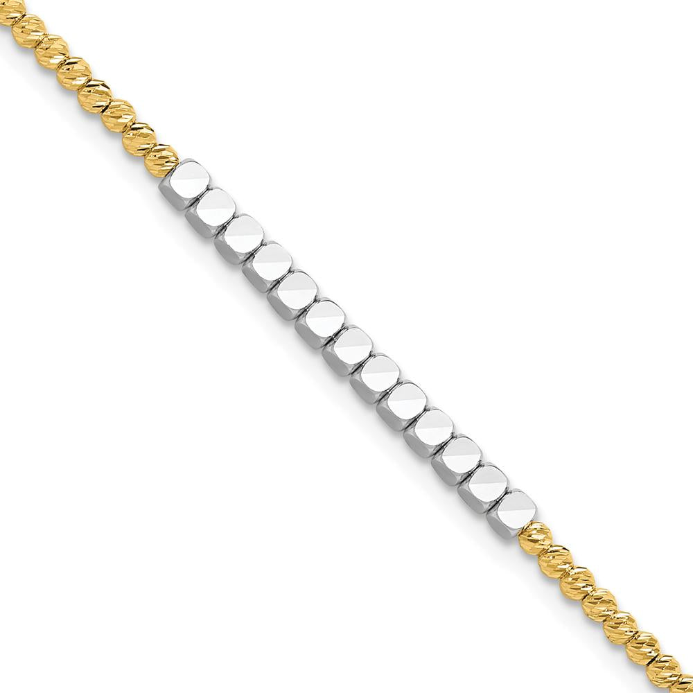14K Two-Tone Diamond-Cut Square and Round Beaded 7.5" Bracelet by 0
