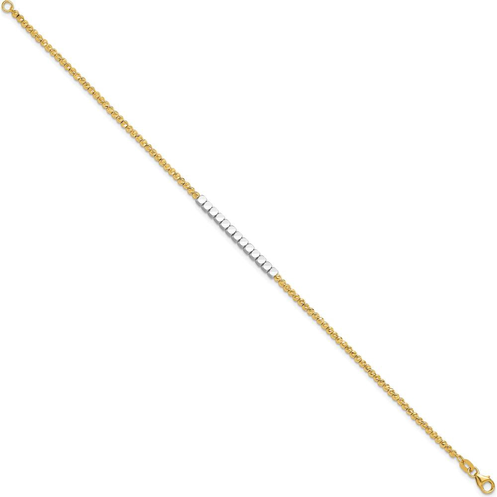 14K Two-Tone Diamond-Cut Square and Round Beaded 7.5" Bracelet by 0