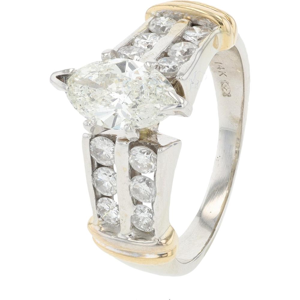 14K Two-Tone Diamond Engagement Ring with Pear-Shaped Center Diamond - 1.50 Carat Total Diamond Weight