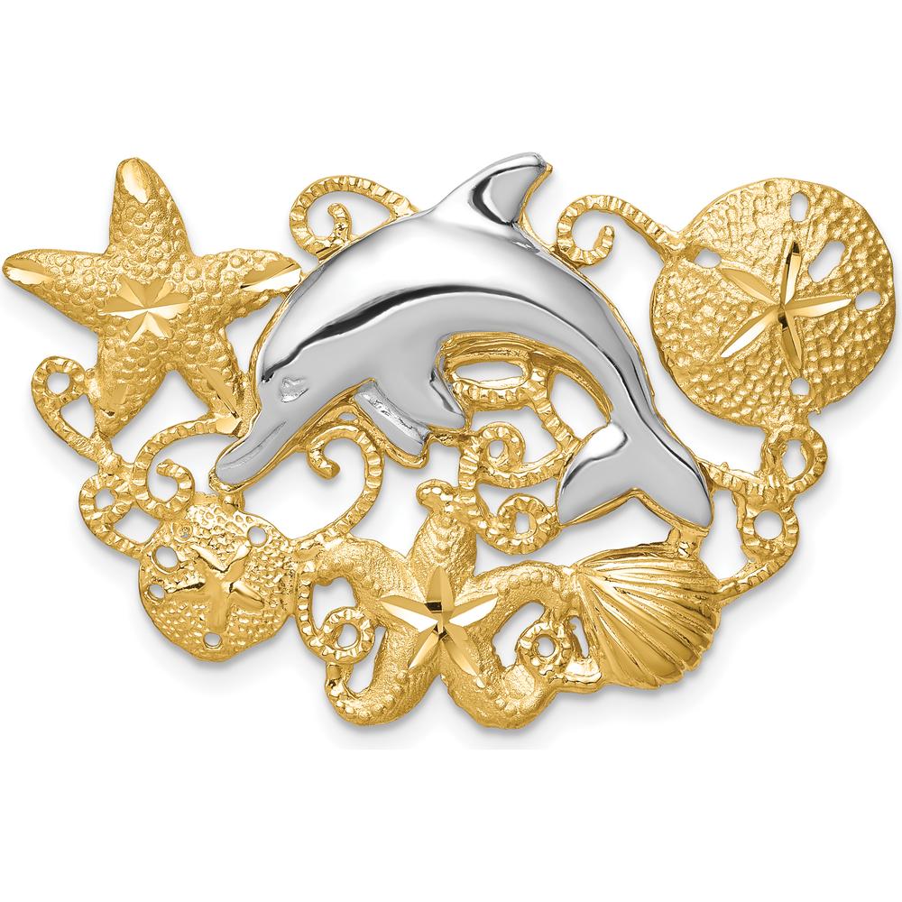 14K Two-Tone Dolphin and Starfish Pendant with Textured Design - Fits up to 6mm Omega Slide by Oro Pregiato