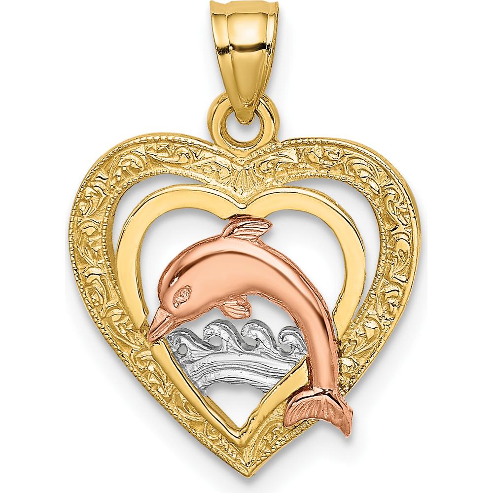 14K Two-Tone Dolphin Heart Pendant with Rhodium Waves by Oro Pregiato