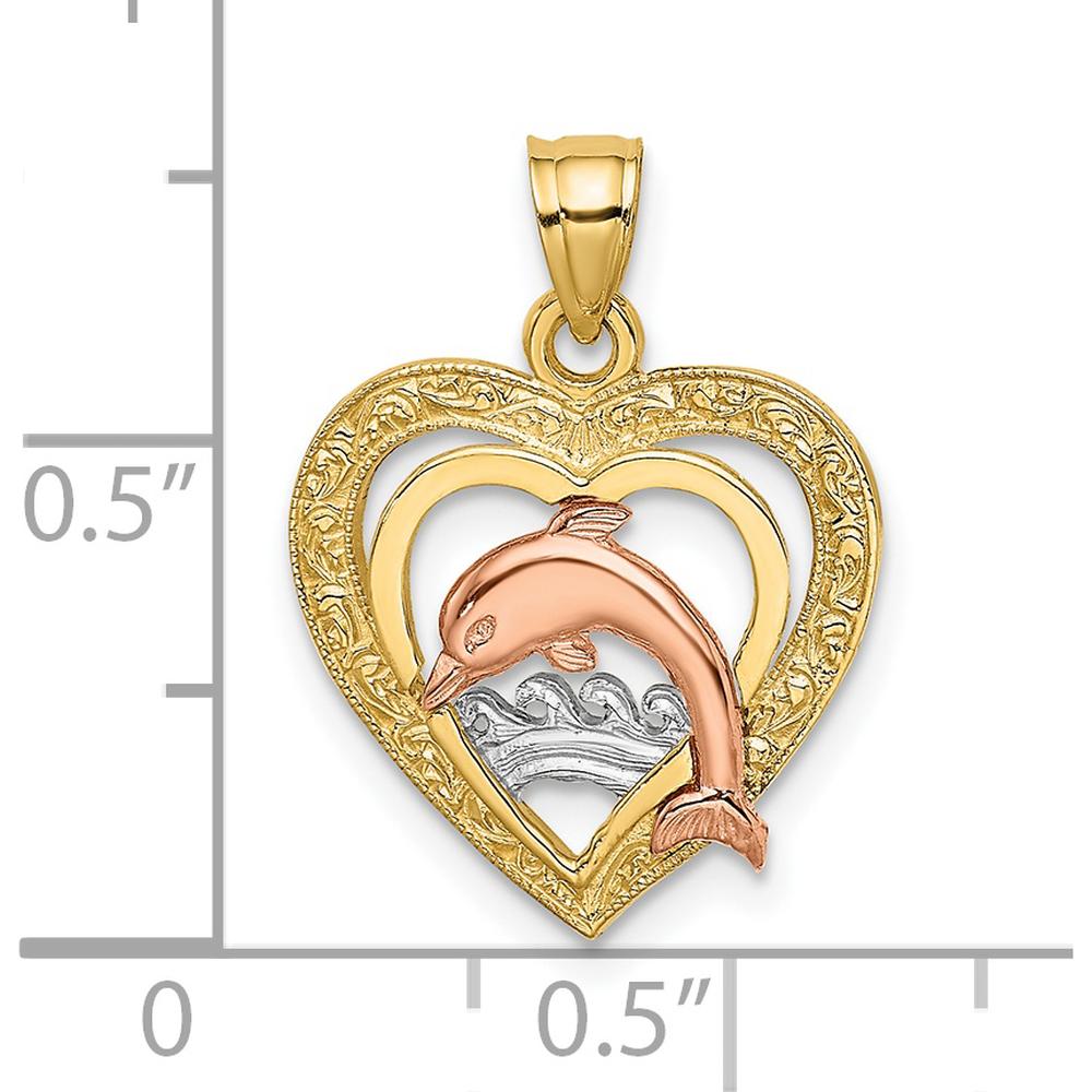 14K Two-Tone Dolphin Heart Pendant with Rhodium Waves by Oro Pregiato