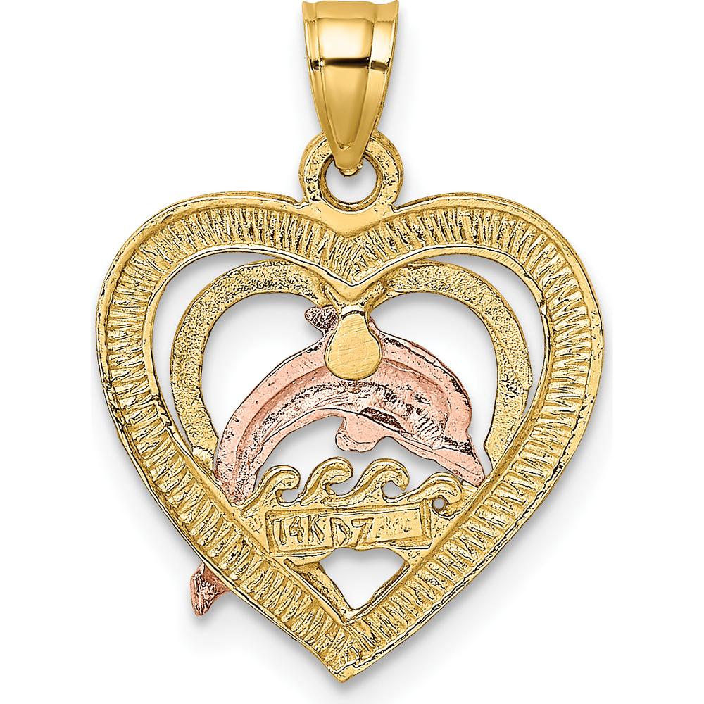 14K Two-Tone Dolphin Heart Pendant with Rhodium Waves by Oro Pregiato