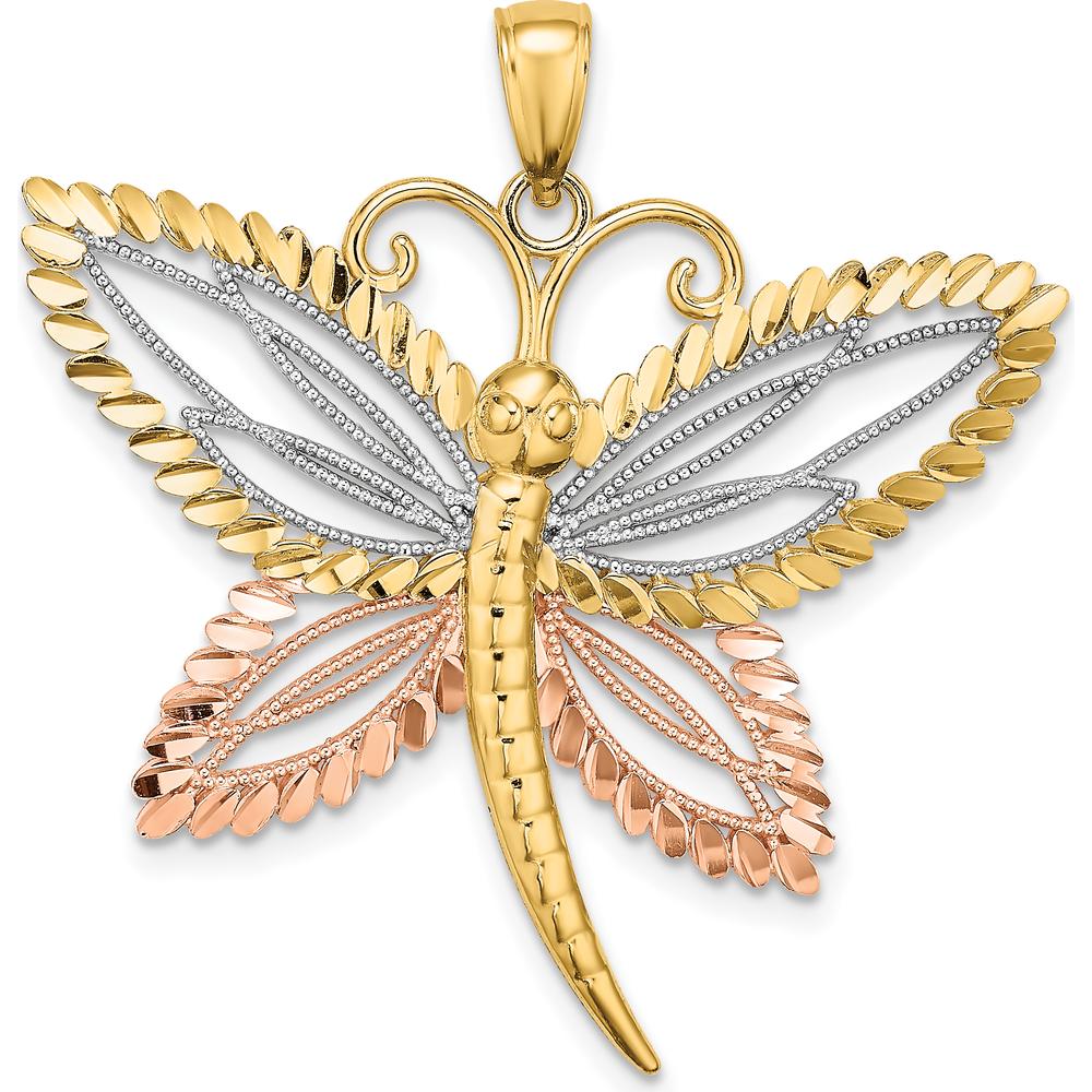 14K Two-Tone Dragonfly Pendant with Diamond-Cut Wings and Rhodium Accents - Polished Finish by Oro Pregiato
