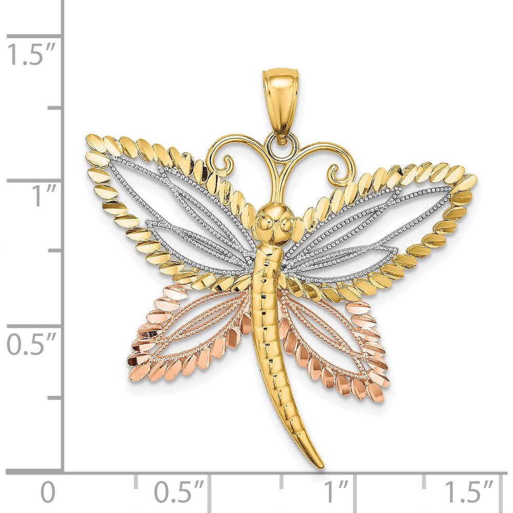 14K Two-Tone Dragonfly Pendant with Diamond-Cut Wings and Rhodium Accents - Polished Finish by Oro Pregiato