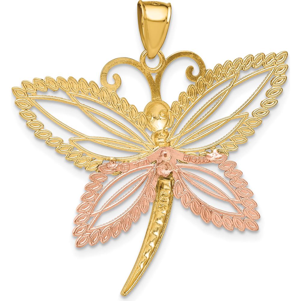 14K Two-Tone Dragonfly Pendant with Diamond-Cut Wings and Rhodium Accents - Polished Finish by Oro Pregiato