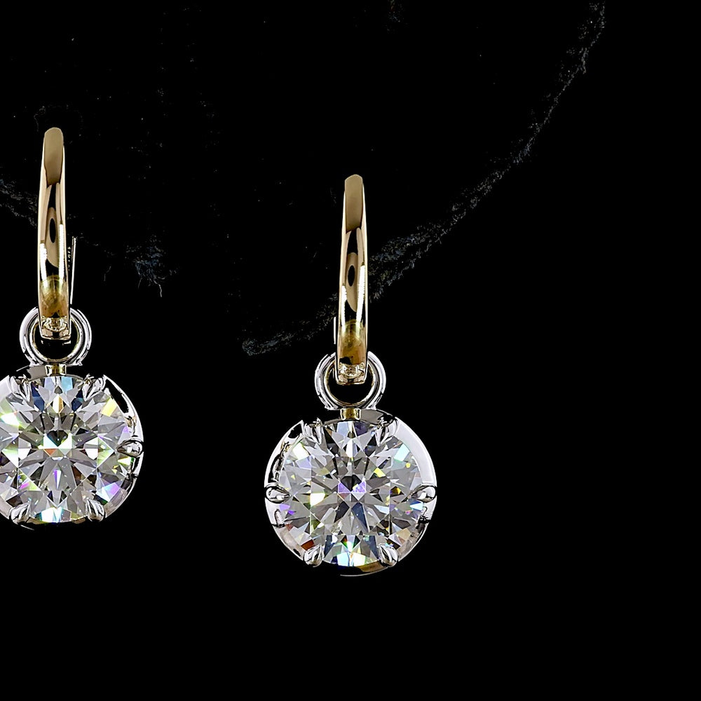 14K Two Tone Drop Earrings with Bezel-Prong Set Brilliant Round Lab Diamonds - 3.06 Carat Total Weight (E-F Color, VVS2 Clarity) - Covaloro Fine Jewelry