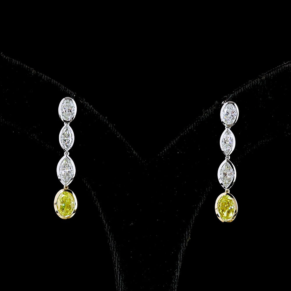 14K Two Tone Drop Earrings with Marquise Cut E VS White Diamonds and Oval Cut Fancy Vivid Yellow Lab Diamonds - 3.55 Carat Total Weight - Covaloro Fine Jewelry