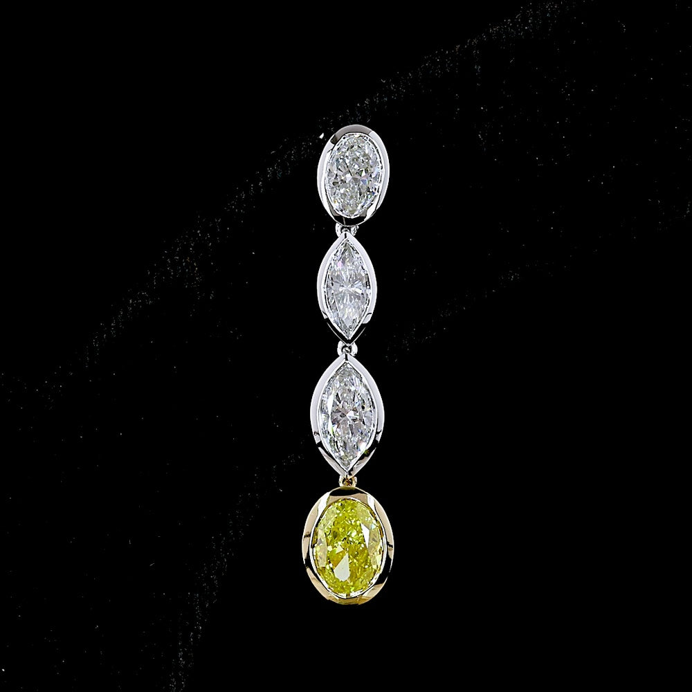 14K Two Tone Drop Earrings with Marquise Cut E VS White Diamonds and Oval Cut Fancy Vivid Yellow Lab Diamonds - 3.55 Carat Total Weight - Covaloro Fine Jewelry