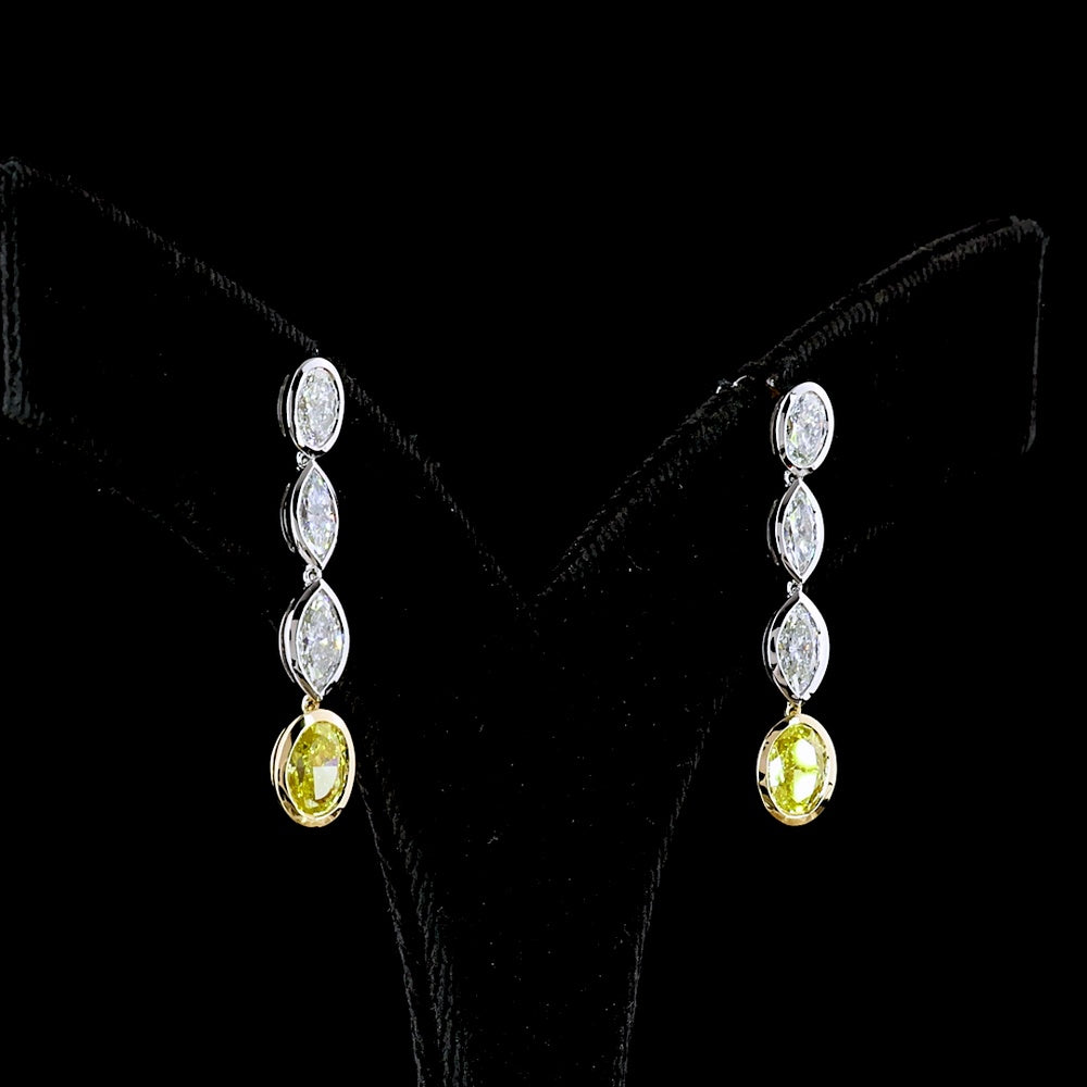 14K Two Tone Drop Earrings with Marquise Cut E VS White Diamonds and Oval Cut Fancy Vivid Yellow Lab Diamonds - 3.55 Carat Total Weight - Covaloro Fine Jewelry