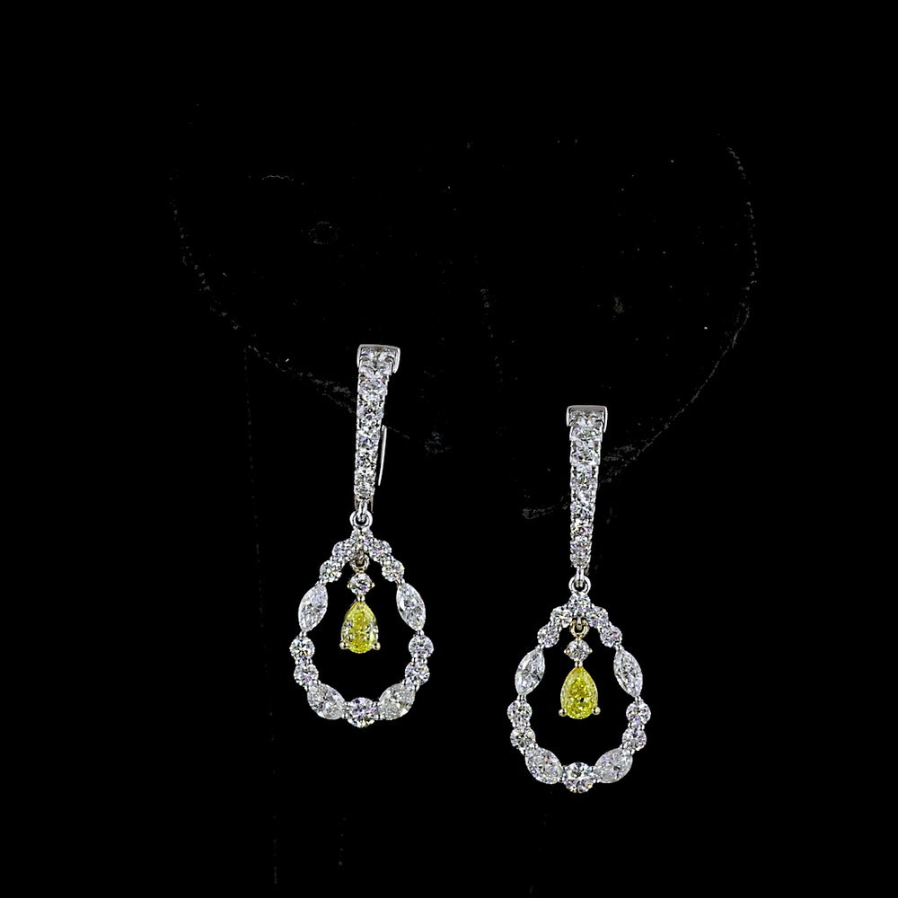 14K Two Tone Drop Earrings with Pear Shape Fancy Vivid Yellow Lab Diamonds and Mixed Marquise & Oval Clear Diamonds - 2.06 Total Carat Weight - Covaloro Fine Jewelry