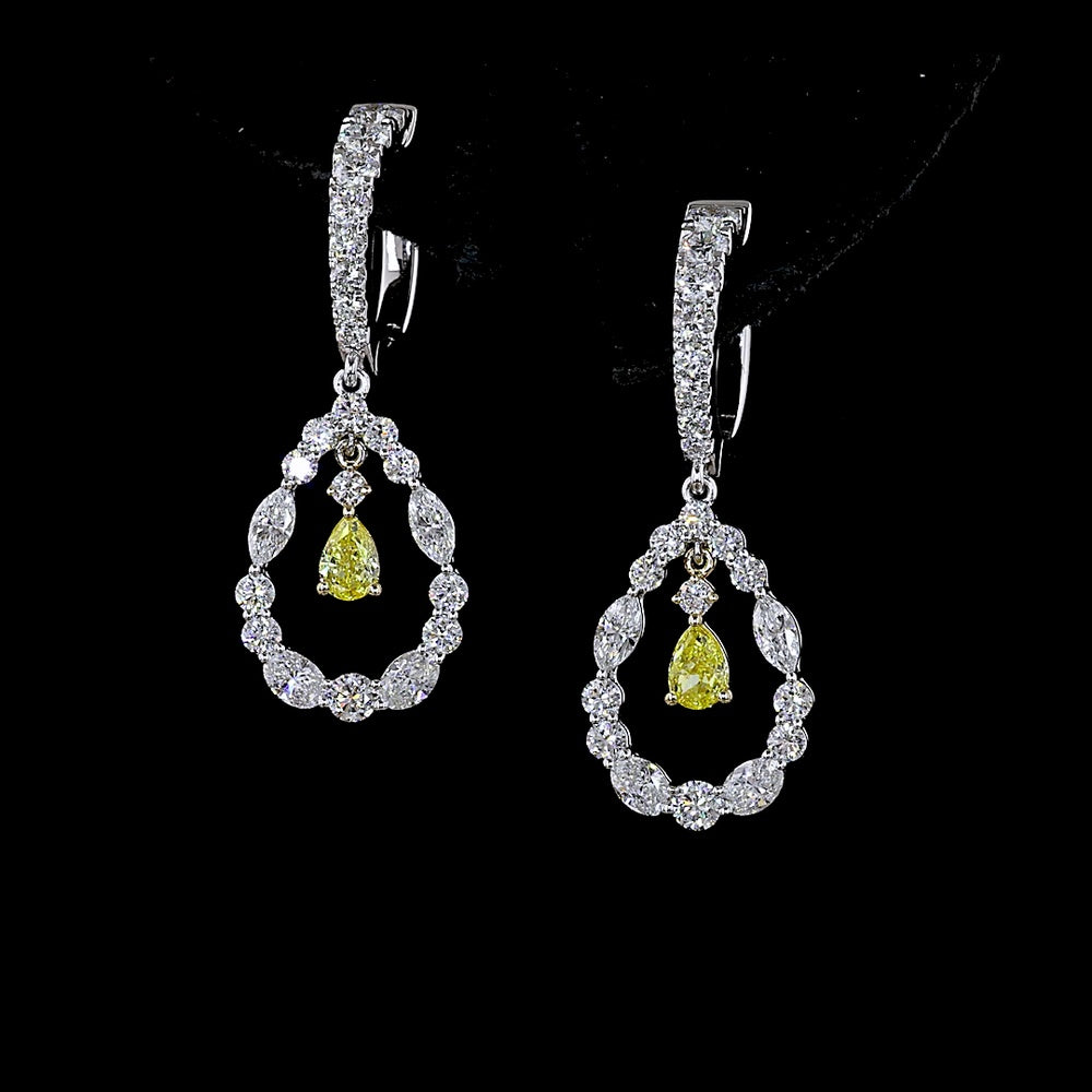 14K Two Tone Drop Earrings with Pear Shape Fancy Vivid Yellow Lab Diamonds and Mixed Marquise & Oval Clear Diamonds - 2.06 Total Carat Weight - Covaloro Fine Jewelry