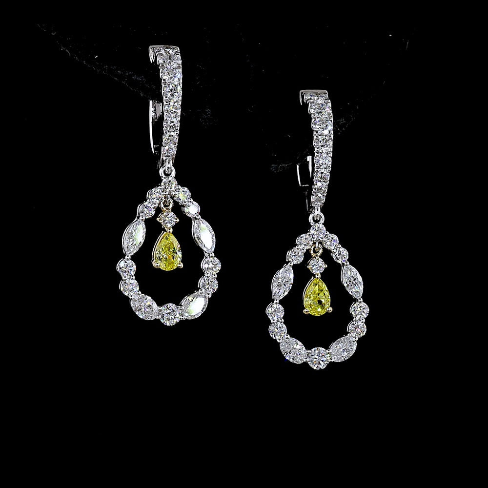 14K Two Tone Drop Earrings with Pear Shape Fancy Vivid Yellow Lab Diamonds and Mixed Marquise & Oval Clear Diamonds - 2.06 Total Carat Weight - Covaloro Fine Jewelry