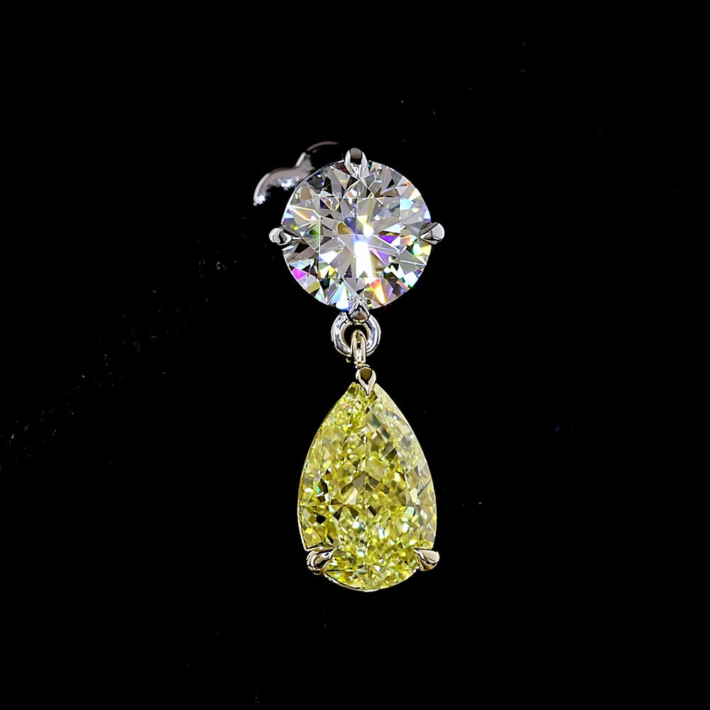 14K Two Tone Drop Earrings with Round Brilliant E VS1 and Pear Cut Fancy Vivid Yellow Lab Diamonds - 5.17 Carats Total Diamond Weight - Covaloro Fine Jewelry