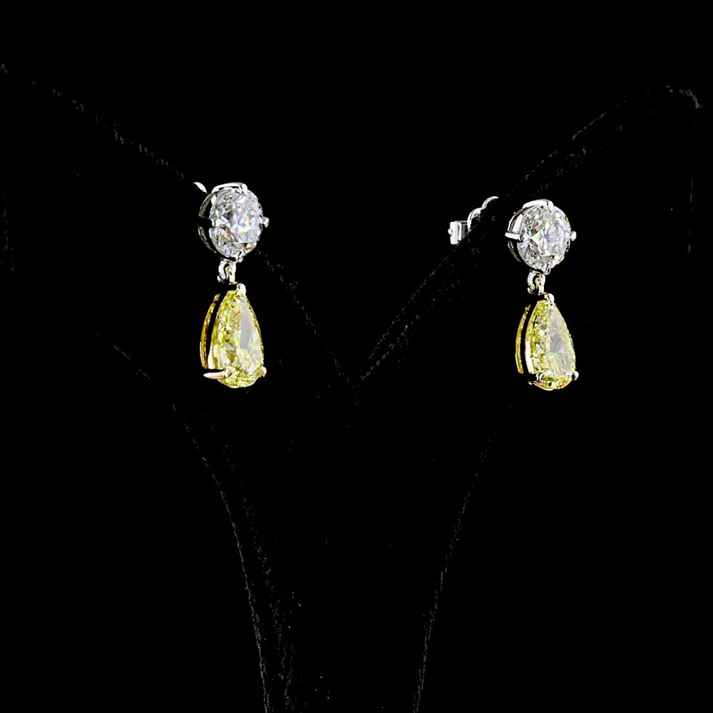 14K Two Tone Drop Earrings with Round Brilliant E VS1 and Pear Cut Fancy Vivid Yellow Lab Diamonds - 5.17 Carats Total Diamond Weight - Covaloro Fine Jewelry