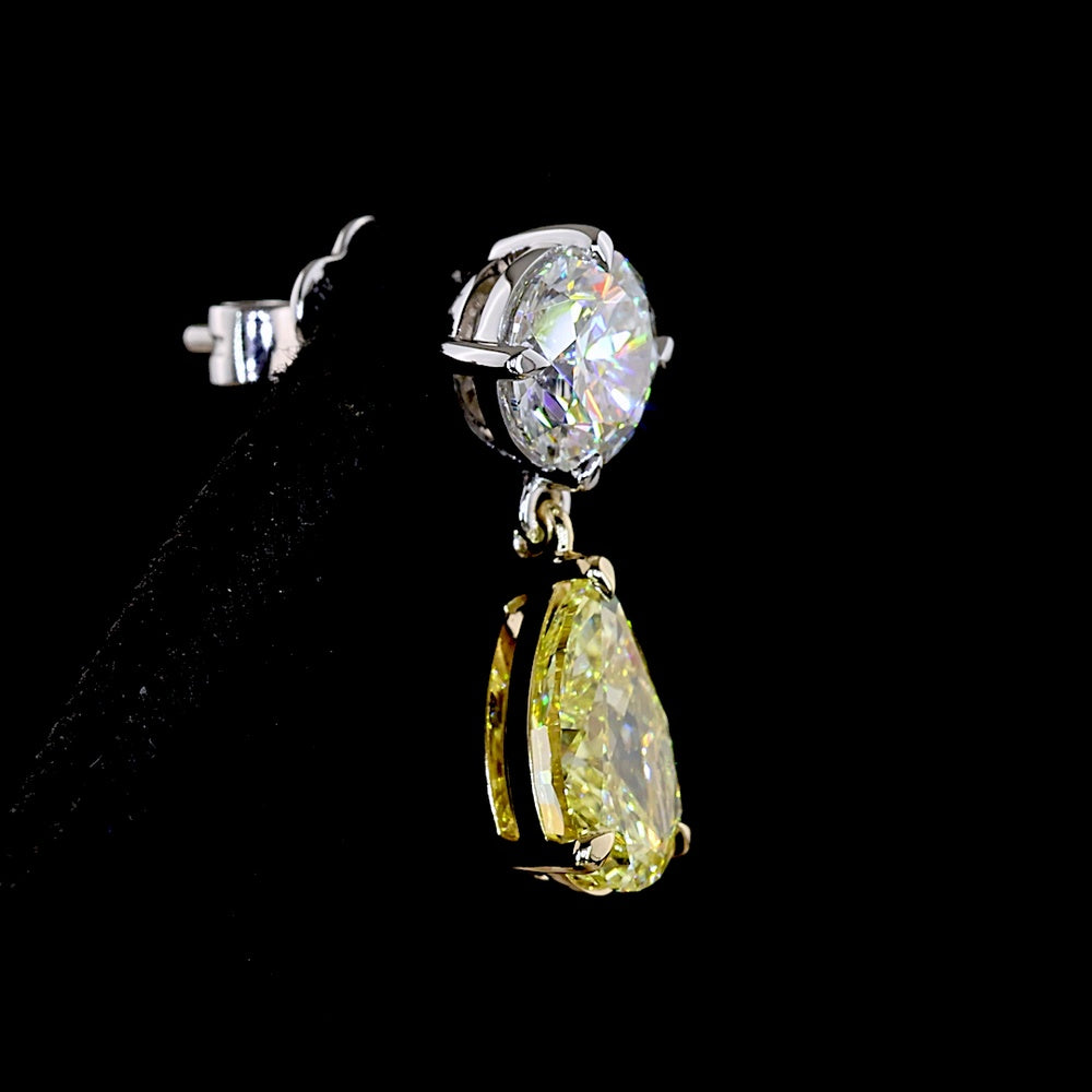 14K Two Tone Drop Earrings with Round Brilliant E VS1 and Pear Cut Fancy Vivid Yellow Lab Diamonds - 5.17 Carats Total Diamond Weight - Covaloro Fine Jewelry