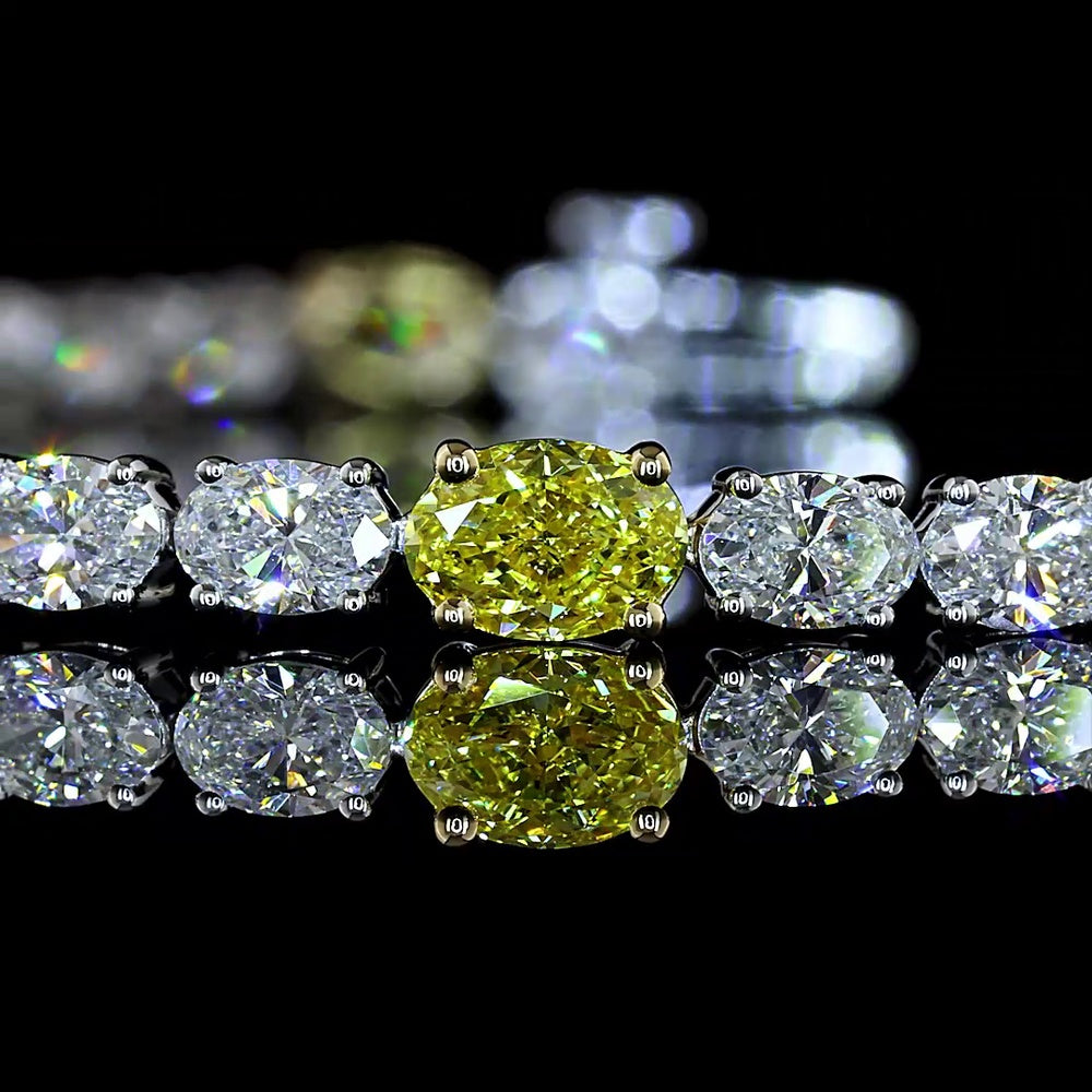 14K Two Tone East-West Oval Cut Tennis Bracelet with Fancy Vivid Yellow and White Lab-Grown Diamonds - 7.56 Carats Total Diamond Weight - Covaloro Fine Jewelry