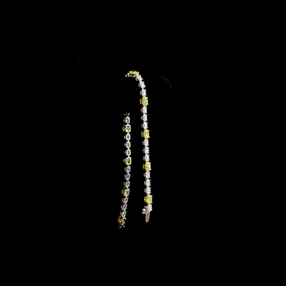 14K Two Tone East-West Oval Cut Tennis Bracelet with Fancy Vivid Yellow and White Lab-Grown Diamonds - 7.56 Carats Total Diamond Weight - Covaloro Fine Jewelry