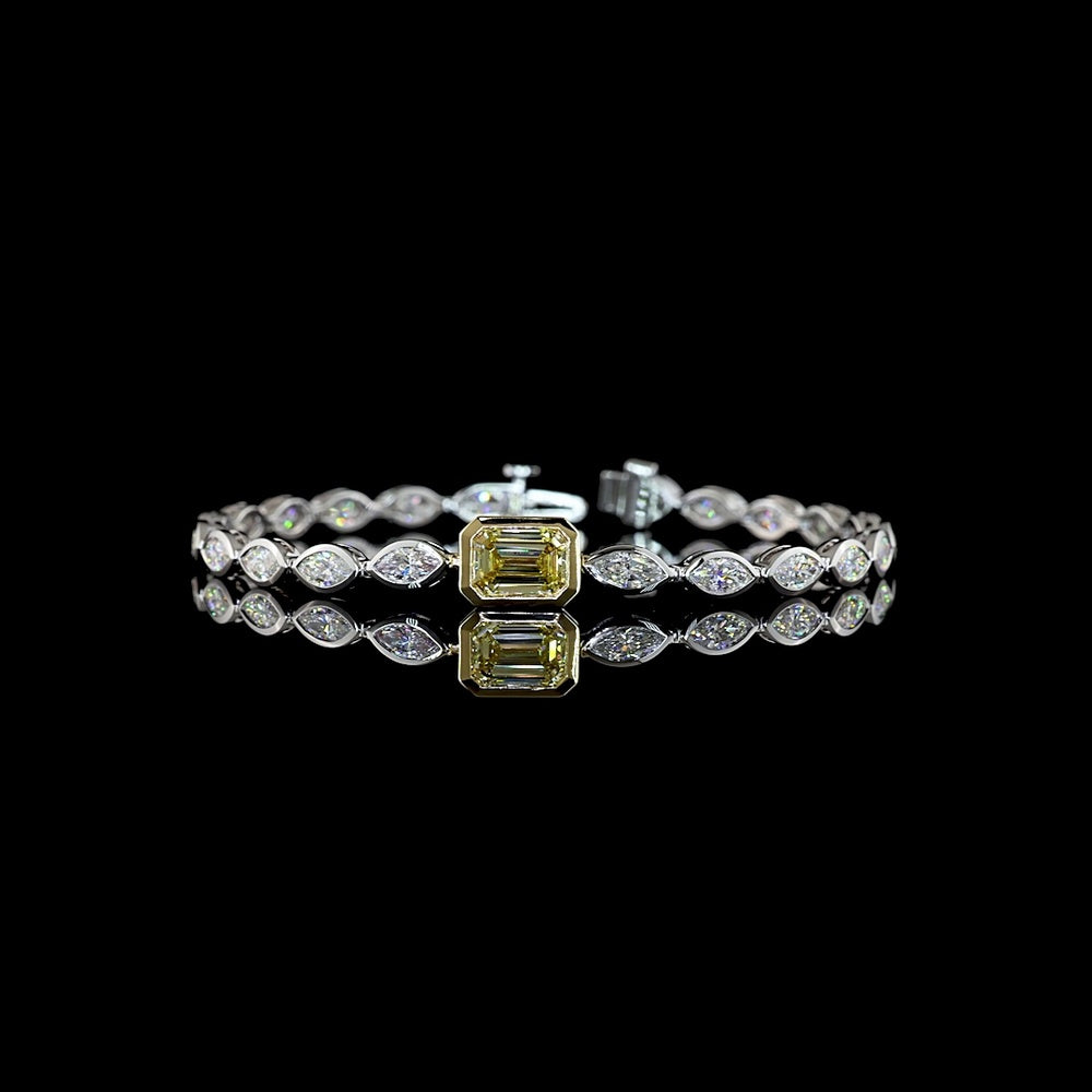 14K Two Tone East-West Tennis Bracelet with 1.55 Carats Fancy Vivid Yellow Emerald Cut Lab Diamond and 4.54 Carats Marquise Diamonds - 6.09 Carats Total Diamond Weight - Covaloro Fine Jewelry