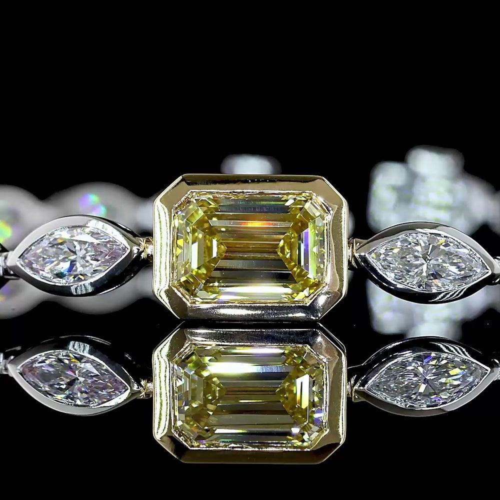 14K Two Tone East-West Tennis Bracelet with 1.55 Carats Fancy Vivid Yellow Emerald Cut Lab Diamond and 4.54 Carats Marquise Diamonds - 6.09 Carats Total Diamond Weight - Covaloro Fine Jewelry