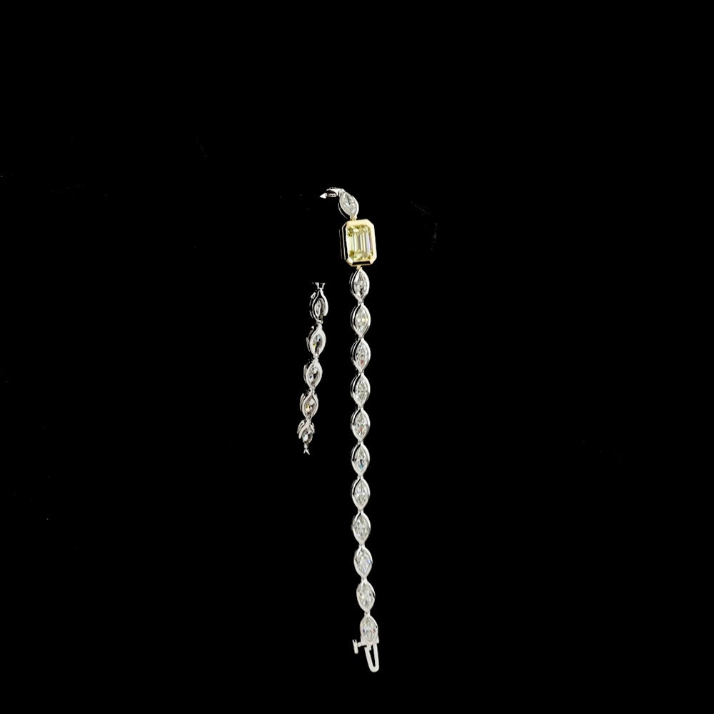 14K Two Tone East-West Tennis Bracelet with 1.55 Carats Fancy Vivid Yellow Emerald Cut Lab Diamond and 4.54 Carats Marquise Diamonds - 6.09 Carats Total Diamond Weight - Covaloro Fine Jewelry