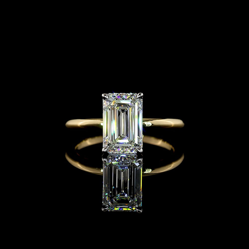 14K Two Tone Emerald Cut Lab Diamond Solitaire Ring - 2.74 Carat E VVS2 IGI Certified North-South Prong Set - Covaloro Fine Jewelry