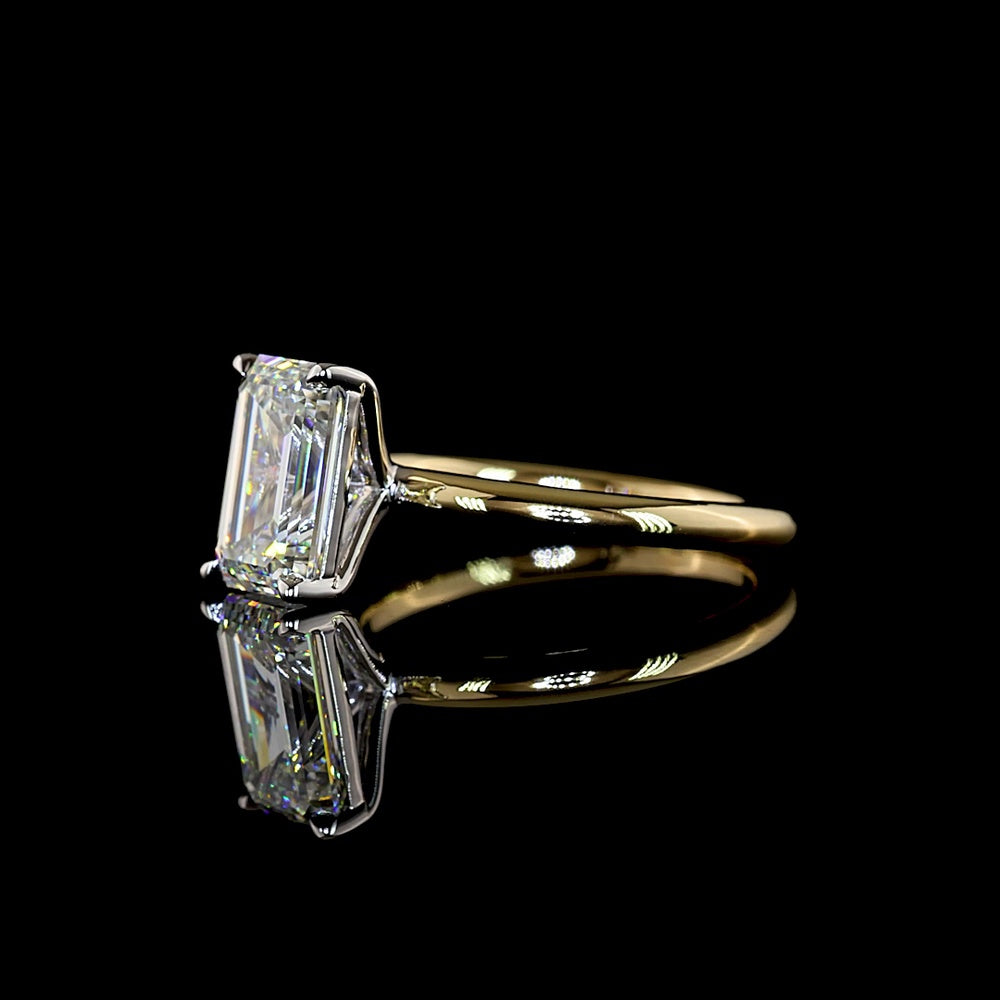 14K Two Tone Emerald Cut Lab Diamond Solitaire Ring - 2.74 Carat E VVS2 IGI Certified North-South Prong Set - Covaloro Fine Jewelry