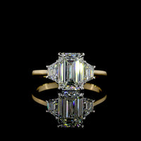 14K Two Tone Emerald Cut Lab Diamond Three Stone Ring with Trapezoid Side Stones - 2.77 Carat Total Weight (IGI Certified) - Covaloro Fine Jewelry