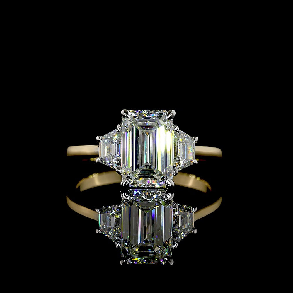 14K Two Tone Emerald Cut Lab Diamond Three Stone Ring with Trapezoid Side Stones - 2.77 Carat Total Weight (IGI Certified) - Covaloro Fine Jewelry