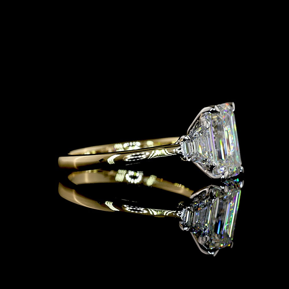14K Two Tone Emerald Cut Lab Diamond Three Stone Ring with Trapezoid Side Stones - 2.77 Carat Total Weight (IGI Certified) - Covaloro Fine Jewelry