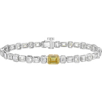 14K Two Tone Emerald Cut Station Line Tennis Bracelet with Fancy Vivid Yellow Lab Diamond Center - 7.72 Carats Total Diamond Weight - Covaloro Fine Jewelry