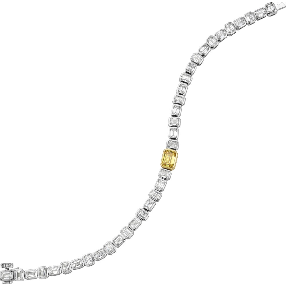14K Two Tone Emerald Cut Station Line Tennis Bracelet with Fancy Vivid Yellow Lab Diamond Center - 7.72 Carats Total Diamond Weight - Covaloro Fine Jewelry