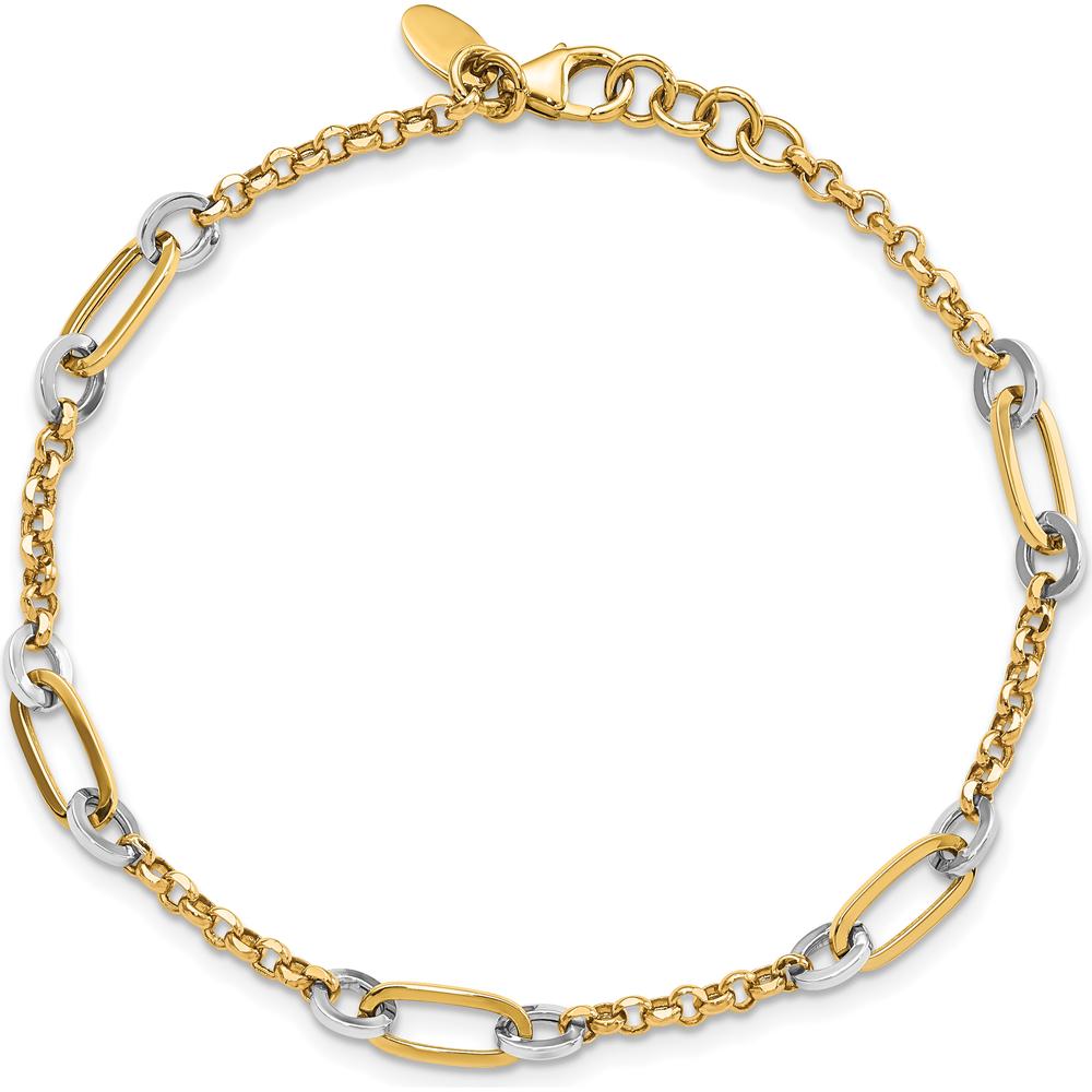 14K Two-Tone Fancy Oval Link Bracelet with Extender - 7.25" Length, Lobster Clasp by Oro Pregiato